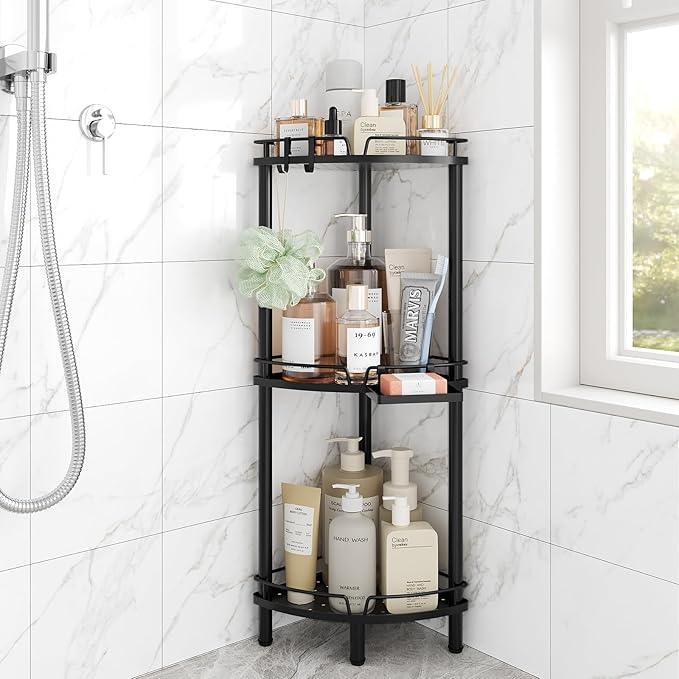 ELYKEN Corner Shower Caddy Standing, 3 Tier Rustproof Metal Shower Organizer with Soap Holder, Floor Shower Corner Shelf Rack Storage Stands with Adjustable Feet & 2 Hooks for Bathroom, Black - ModernBath