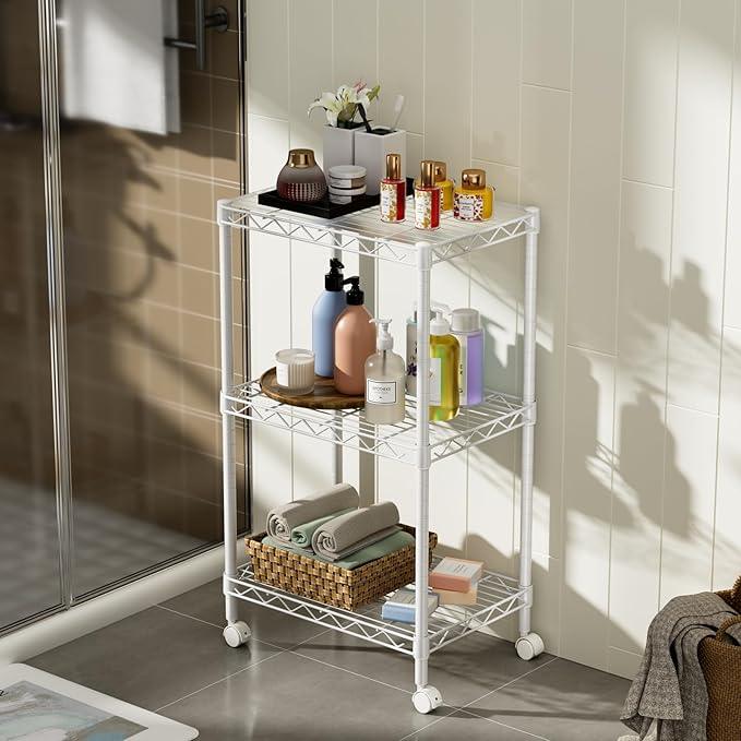 Small 3 Tier Shelves Storage Wire Shelving Unit Metal Shelf Adjustable Organizers Storage Shelving with Wheels for Bathroom Laundry Room Kitchen Pantry12”D x 18”W x 30.7”H White - ModernBath
