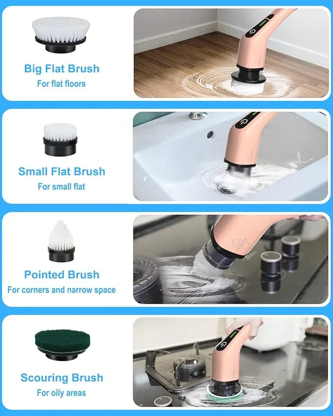 Leebein Electric Spin Scrubber, Cordless Powerful Scrub Brush for Cleaning Bathroom, Kitchen, Shower Tub and Floor Tile with Adjustable Extension Long Handle and 8 Replaceable Brush Heads(Rose) - ModernBath