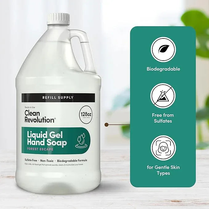 Clean Revolution Liquid Gel Hand Soap, Silky Rich Liquid, Quick Lather, Fast Rinsing, Contains Real Essential Oils (Forest Escape) 128 Fl Oz - ModernBath