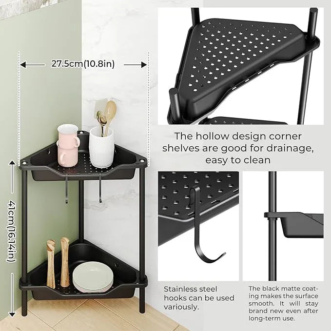 ODesign 2 Tier Floor Standing Corner Shower Caddy Organizer Plastic Metal Splicing Shelf Storage Rack for Bathroom Black - Rustproof - ModernBath