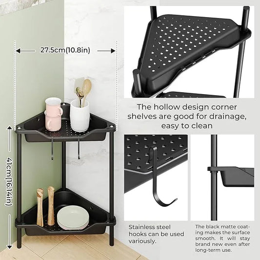 ODesign 2 Tier Floor Standing Corner Shower Caddy Organizer Plastic Metal Splicing Shelf Storage Rack for Bathroom Black - Rustproof - ModernBath