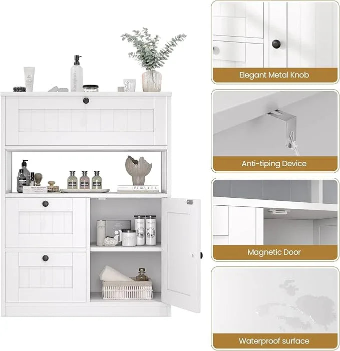 Bathroom Cabinet, Modern Bathroom Floor Storage Cabinet Organizer with 1 Door and 3 Drawers, Freestanding Cupboard for Kitchen/Living Room Use - ModernBath