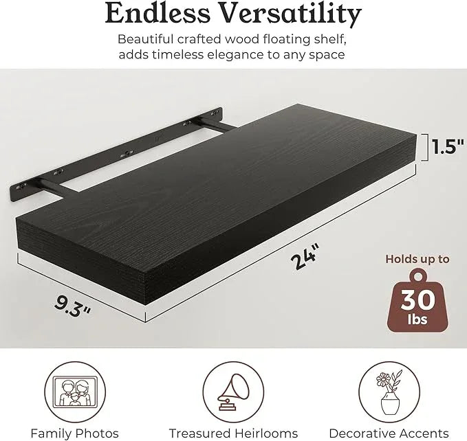 Floating Shelves for Wall, Wall Mounted Rustic Wood Shelves for Bathroom, Bedroom, Living Room, Kitchen, Hanging Shelf for Books/Storage/Room Decor (Black, 24") - ModernBath