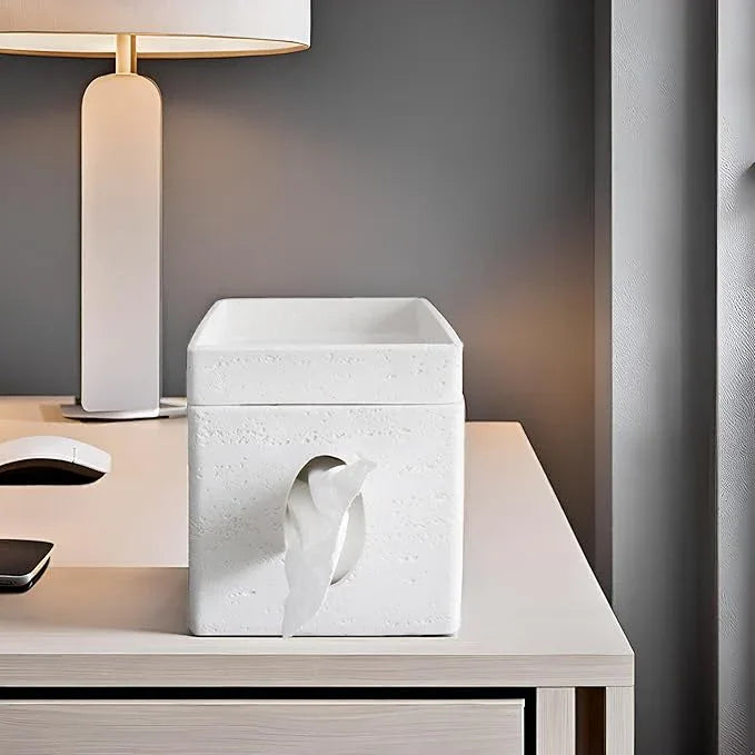Hymmah Tray Tissue Box Cover Holder Unique Cube Design Tissue Dispenser Cover Decor for Vanity Counter Tops Also Great for Bedroom and Living Room White - ModernBath