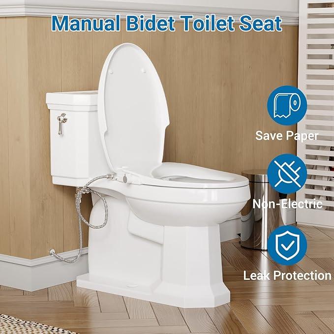 Non Electric Bidet Seat Elongated with Single Nozzle, Cold Water Toilet Bidet Attachment for Gentle Wash and Personal Hygiene, Easy Tool Free Installation PP Bathroom Toilet Seat - ModernBath