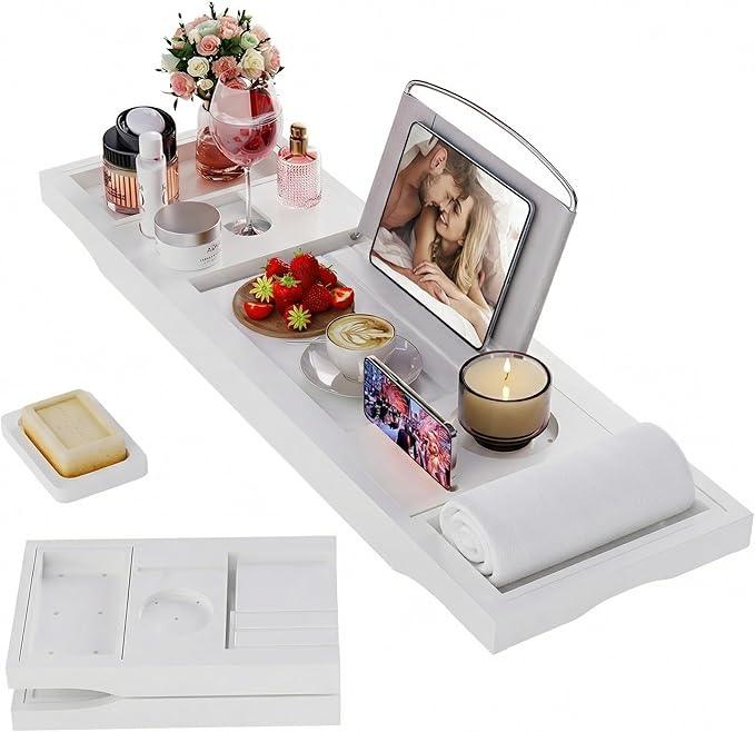 Foldable Bathtub Caddy Tray, Bamboo Bath Tub Tray Table for Tub with Wine Glass Holder Book Phone Tablet Holder with Extending Sides, Adjustable Bathroom Bathtub Free Soap Holder Gift Idea (White) - ModernBath