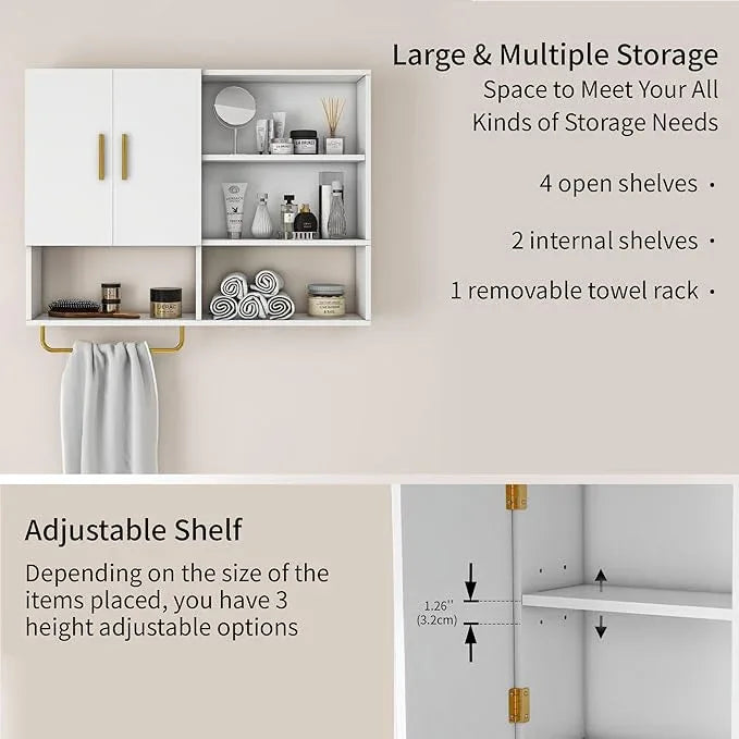 Bathroom Wall Cabinet Wood Large Wall Mounted Medicine Cabinet with 2 Doors and 4 Open Shelves Over Toilet Storage Cabinet Organizer with Towel Bar,White - ModernBath