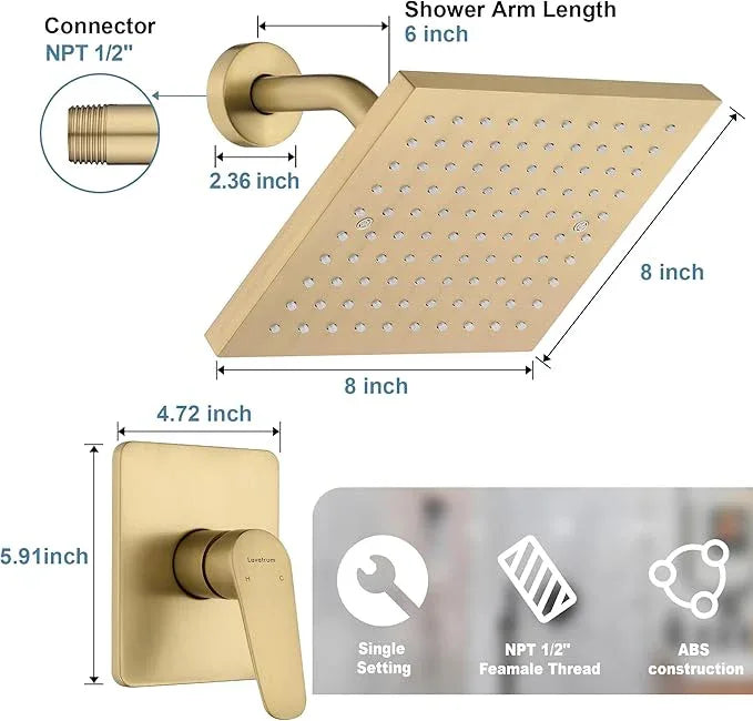 Lavatrum Gold Shower Head and Valve Set Single Spray Premium Wall Mount 8 Inch Rainfall Squre 1 Handle Shower Faucet with Rough-in Valves and Knob Kit for Bathroom Mixer （1.8GPM) - ModernBath
