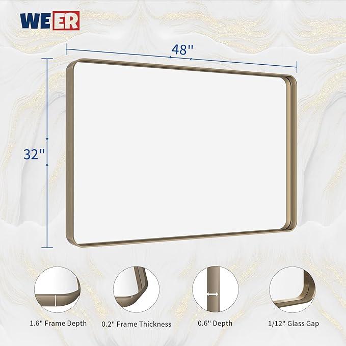 WEER 48x32 Inch Bronze Bathroom Mirror for Vanity, Brushed Bronze Metal Frame Mirror for Wall, Rounded Rectangle Bronze Frame Mirror with Tempered Glass, Anti-Rust (Horizontal/Vertical) - ModernBath