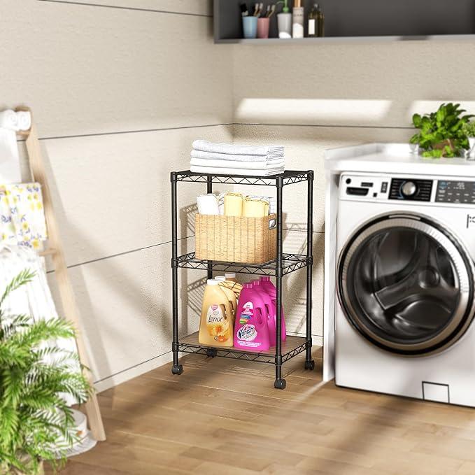 SINGAYE 3 Small Shelves Storage Shelf Wire Shelving Unit Metal Shelf Adjustable Organizers Storage Shelving with Wheels for Bathroom Laundry Room Kitchen Pantry11.5”D x 17.5”W x 30.5”H Black - ModernBath