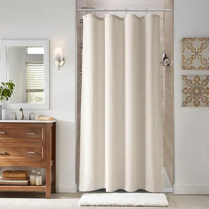 Naturoom 48 Inch Shower Curtain - Stall Narrow Half Green Linen Ultra Thick Fabric Shower Curtains Set with Hooks, Boho Farmhouse Rustic RV Camper Bath Curtains for Bathroom, Light Tan, 48x72 - ModernBath