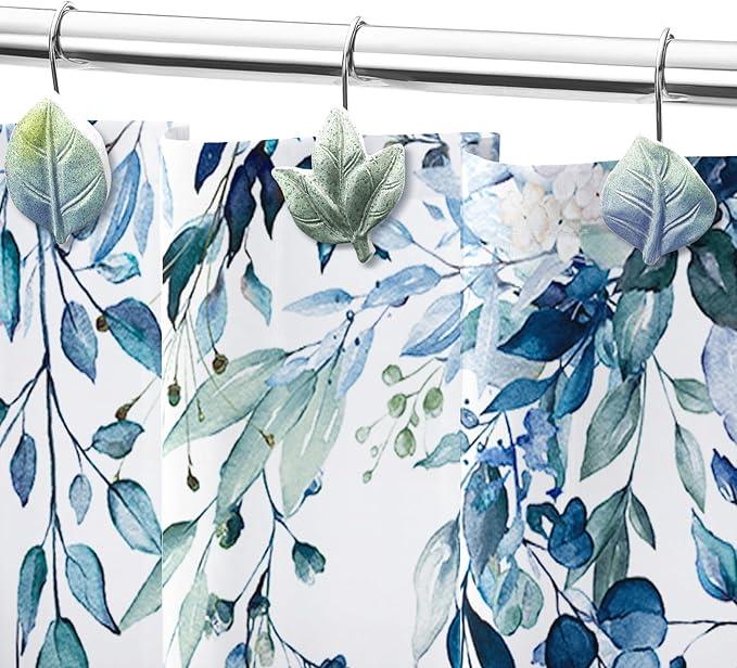 Gibelle 12PCS Leaves Shower Curtain Hooks, Blue Plant Leaf Decorative Shower Curtain Hooks Metal Rustproof Cute Eucalyptus Shower Curtain Rings Bathroom Decoration Accessories - ModernBath