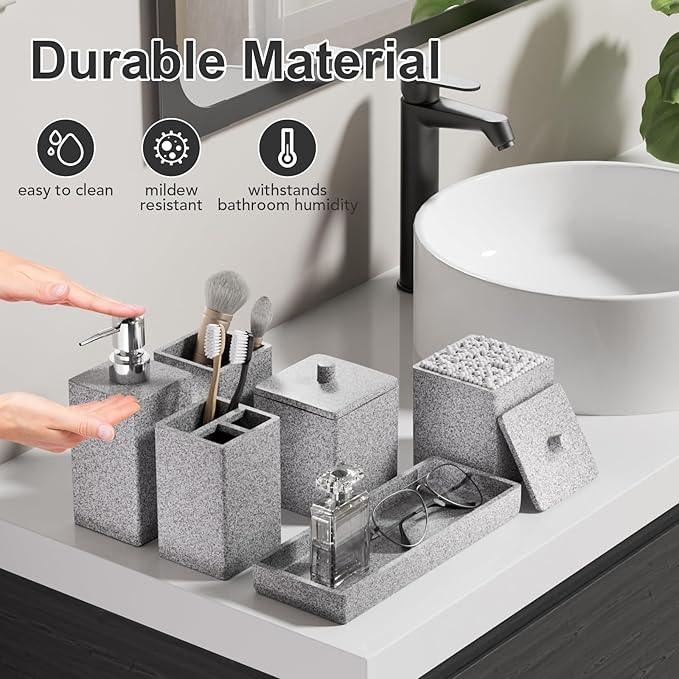Gray Bathroom Accessories Set Resin 6PCS, Square Toothbrush Holders Set Complete with Soap Dispenser, Vanity Tray, Tumbler, Cups and Cotton Swab Jars for Counter, Sink or Small Spaces - ModernBath
