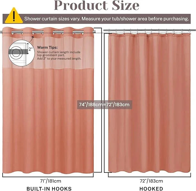 SORTTO No Hook Slub Textured Shower Curtain with Snap in Liner - Coral Fabric Outer Curtain & Waterproof Inner Liner, Hotel Style with See Through Top Window, 71x74 in - ModernBath