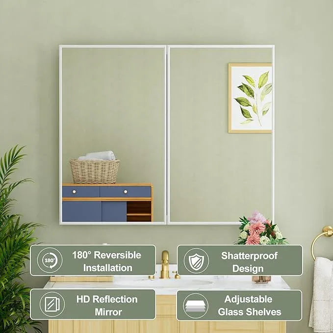 Buruis 36" x 30" Framed Medicine Cabinet with Mirror, Recessed or Wall Mounted Bathroom Cabinet, Adjustable Tempered Glass Shelves, Left/Right Open Reversible, No Assembly Required, White - ModernBath