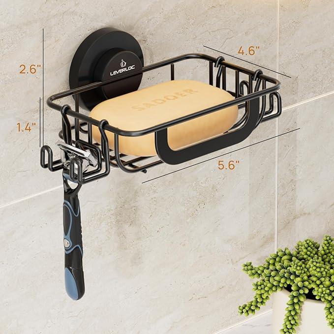 LEVERLOC Soap Holder Dish with Hooks for Shower, Bar Suction Cup Soap Tray Wall Mounted, Rustproof Stainless Steel Sponge Holder Caddy for Bathroom Bathtub Kitchen Sink, Black - ModernBath
