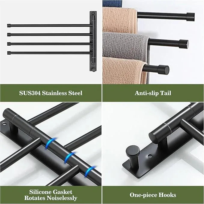 Alise Swivel Towel Rack, SUS304 Stainless Steel 4 Arms Towel Bar, Space Saving Swing Out Towel Bar with Hook, Towel Racks Wall Mounted for Bathroom, Matte Black - ModernBath