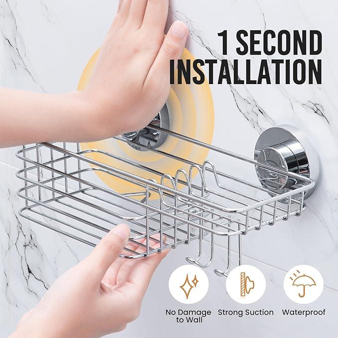 LEVERLOC Shower Caddy Suction Cup, 3 Pack Heavy Duty Bathroom Organizer for Inside Shower with Hooks & Soap Holder, Removable Bathroom Organizer, Rustproof Silver Holder Storage Storage,Silver - ModernBath