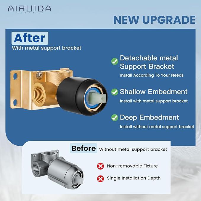 Airuida Shower Faucet Set Bathroom Rain Shower System 8 Inch Square Showerhead Single Function 1 Handle Trim Kit with Female Thread Rough-in Valve Cover Plate with H and C Labels Matte Black - ModernBath