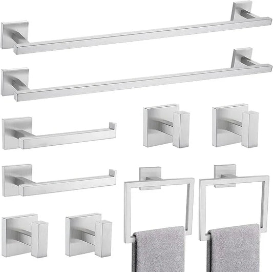 TQKAG Brushed Nickel Bathroom Hardware Accessories Set 10 Pieces, 23.6" SUS304 Stainless Steel Towel Bar Set Wall Mounted Includes Single Towel Bar, Towel Ring, Toilet Paper Holder, Double Towel Hooks - ModernBath
