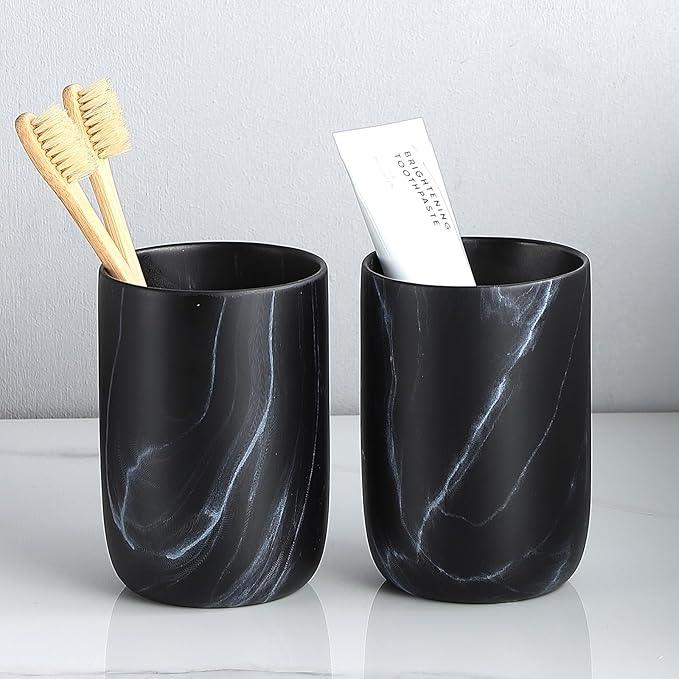 Marble Black Toothbrush Holders for Bathrooms - 2 Cups Ceramic Toothbrush Toothpaste Holders Set, Bathroom Tumbler Cups Reusable Toothbrush Cup Black Mouthwash Cup, Bathroom Counter Organizer - ModernBath