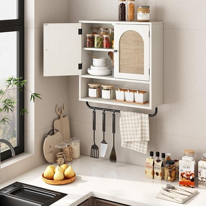 RUSTOWN Rattan Bathroom Wall Cabinet, Boho Medicine Cabinet with 2 Arched Doors, Farmhouse Over The Toilet Storage Cabinets with Adjustable Shelves & Towel Bar, 3-Tier Wall Mounted Cabinets - ModernBath
