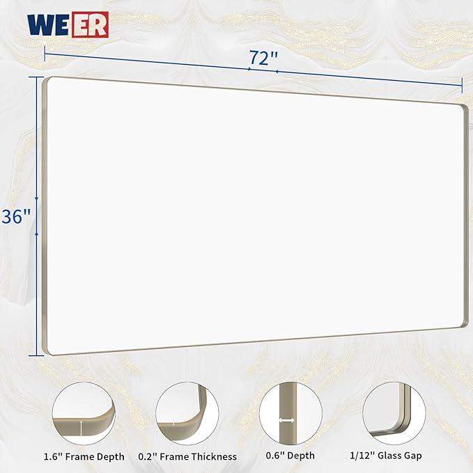 WEER 72X36 Inch Brushed Nickel Bathroom Mirror, Brushed Silver Metal Frame Mirror, Rounded Rectangle Silver Bathroom Vanity Mirror, Tempered Glass, Anti-Rust, Hangs Horizontally or Vertically - ModernBath