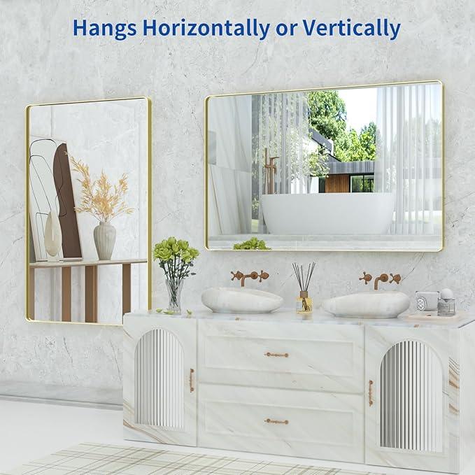 WEER Gold Bathroom Mirror, 55X36 Inch Brushed Gold Metal Frame Mirror, Rounded Rectangle Gold Bathroom Vanity Mirror for Wall, Tempered Glass, Anti-Rust, Hangs Horizontally or Vertically - ModernBath