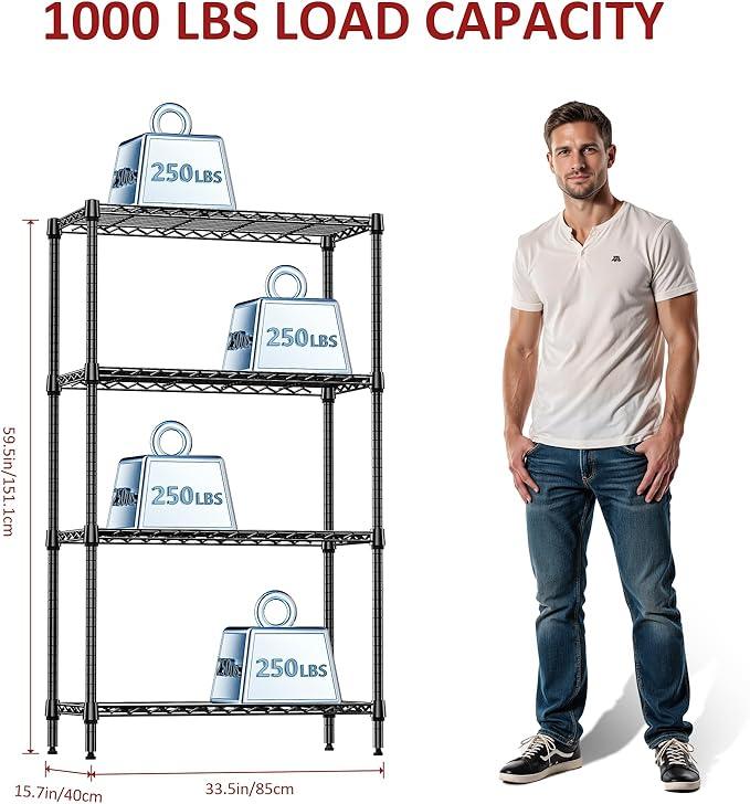 IZEUK 4-Tier Black Metal Storage Shelves, Heavy Duty Adjustable Wire Shelving Rack for Garage, Kitchen, Bathroom, Closet Organizer, 1000 lbs Capacity, 15.7" D x 33.5" W x 59.5" H - ModernBath