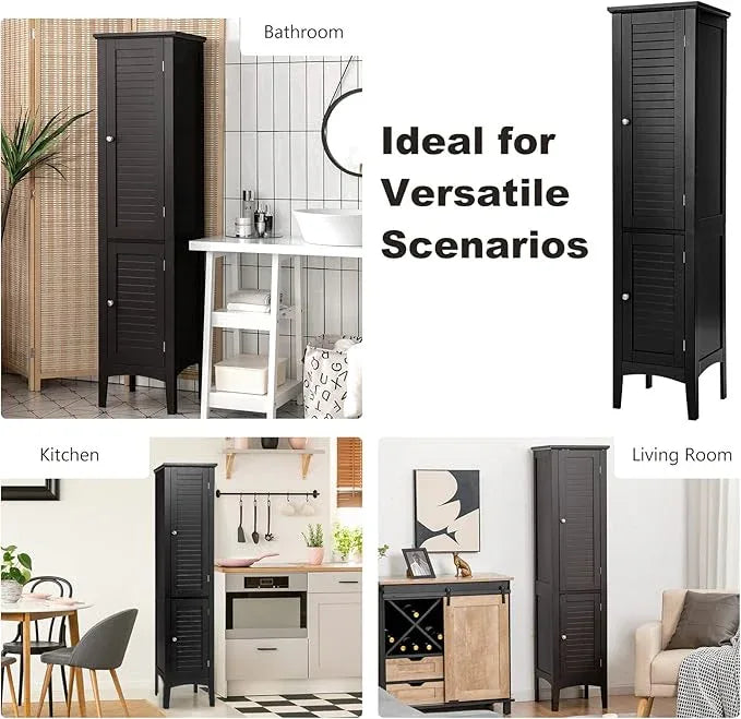 Tangkula Tall Bathroom Storage Cabinet, 5-Tier Wooden Freestanding Tower Cabinet, Narrow Storage Floor Cabinet w/ 2 Doors & Shelves for Bathroom Living Room Kitchen (Black) - ModernBath