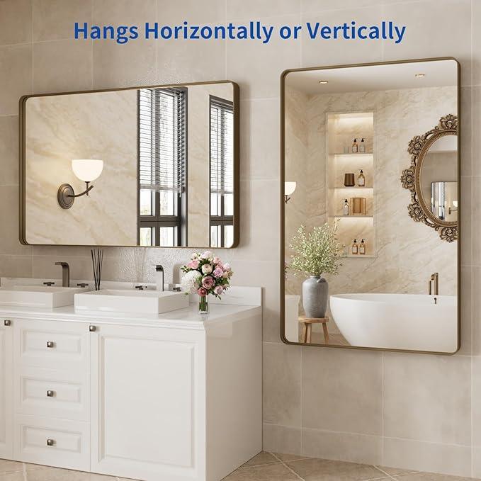 WEER 48x30 Inch Bronze Bathroom Mirror for Vanity, Brushed Bronze Metal Frame Mirror for Wall, Rounded Rectangle Bronze Frame Mirror with Tempered Glass, Anti-Rust (Horizontal/Vertical) - ModernBath