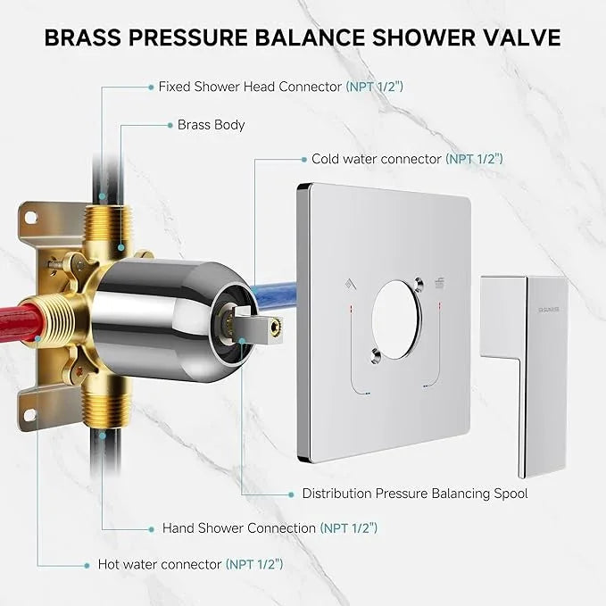 SR SUN RISE Shower Faucet Set & System - 12 Inch Rainfall Shower Head & Handle Set Wall Mounted Polished Chrome Solid Brass Valve Trim Kit Included - ModernBath