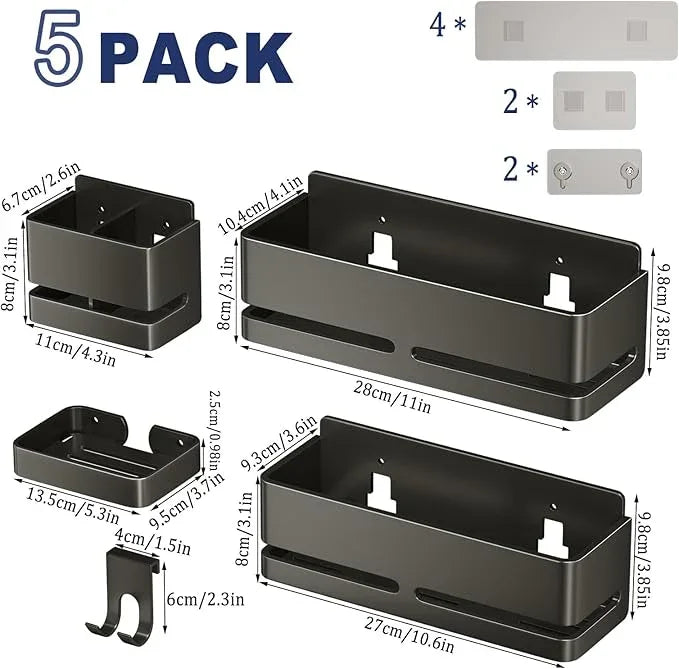 Bathroom Storage Rack (5-Piece Set), Wall-Mounted Shelf with soap Dish and Toothbrush Holder, no Drilling Required, Ideal for Bathroom Storage and Also Suitable for Kitchen (Grey) - ModernBath
