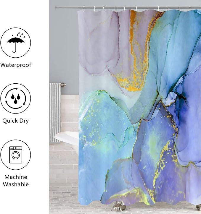 Gibelle 4 Pcs Bathroom Shower Curtain Set with Non-Slip Rugs, Toilet Lid Cover and Bath Mat, Blue Purple Marble Bathroom Decor Set with Shower Curtain and Rugs and Accessories - ModernBath