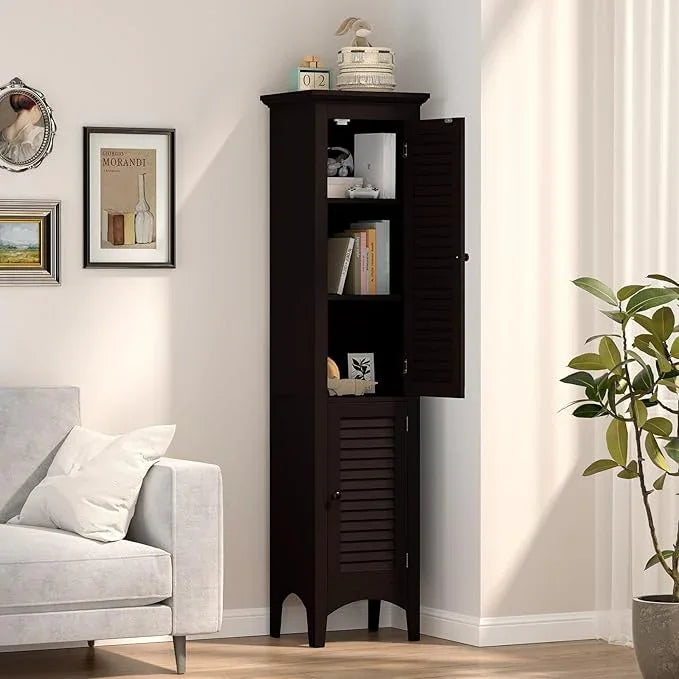 Tangkula 63" Tall Bathroom Storage Cabinet, Freestanding Narrow Linen Tower with Adjustable Shelf, Modern Slim Floor Cabinet with 2 Doors for Bathroom, Living Room, Kitchen (Brown) - ModernBath