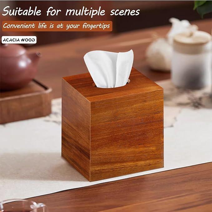 BIBELUN Square Tissue Box Cover,Acacia Wood Tissue Box Holder for Desktop Nightstand Bathroom Office,Decorative Facial Tissue Cube Box Cover/Organizer for Modern Home Decor - ModernBath