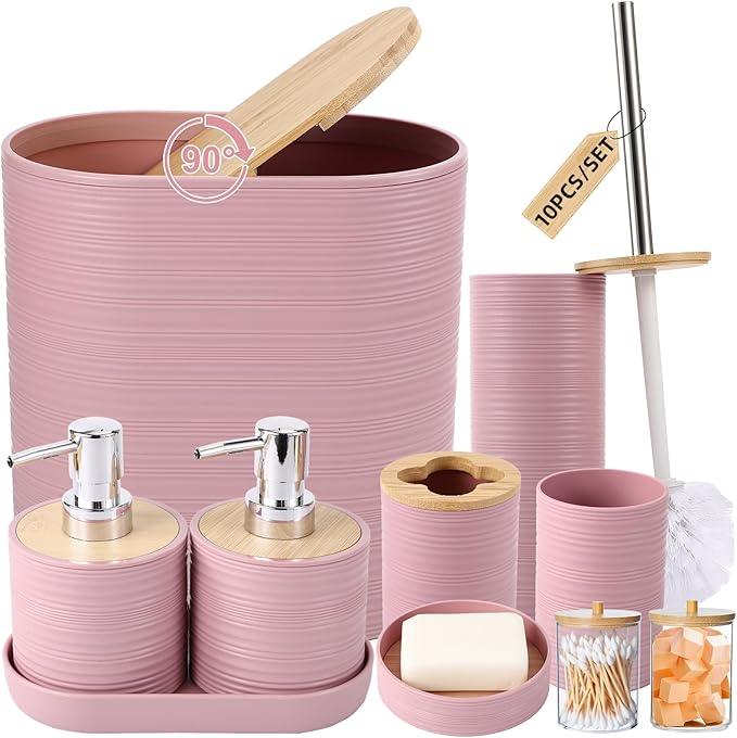 XLHOMO Pink Bathroom Set, Pink Bathroom Accessories Set with Trash Can, 2PCS Soap Dispensers, Soap Dish, Toothbrush Holder, Toothbrush Cup,Toilet Brush, Tray and Qtip Holders for Bathroom Decor - ModernBath