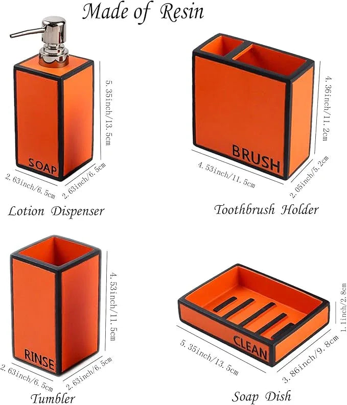 Hymmah Bathroom Accessories Set,Toothbrush Holder,Farmhouse Bathroom Decor,4 Pcs Resin Gift Set Apartment Necessities, Contain Toothbrush Cup,Soap Dispenser,Soap Dish,Tumbler Orange - ModernBath