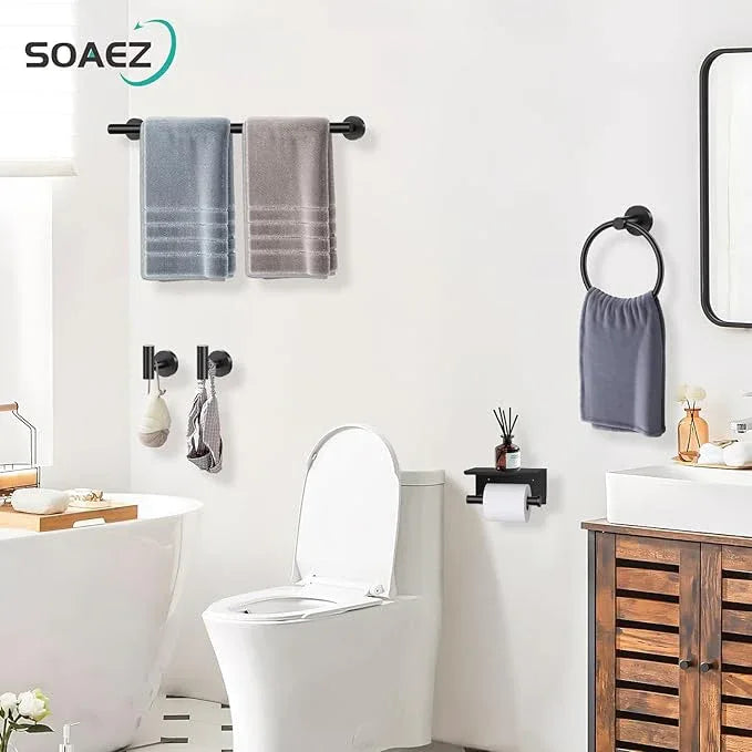 Matte Black Bathroom Hardware Set, 5 Pieces Black Towel Bar Bathroom Accessories Set, Upgraded Toilet Paper Holder with Shelf, 23.6 Inch Towel Rack Towel Holder for Bathroom Wall - ModernBath