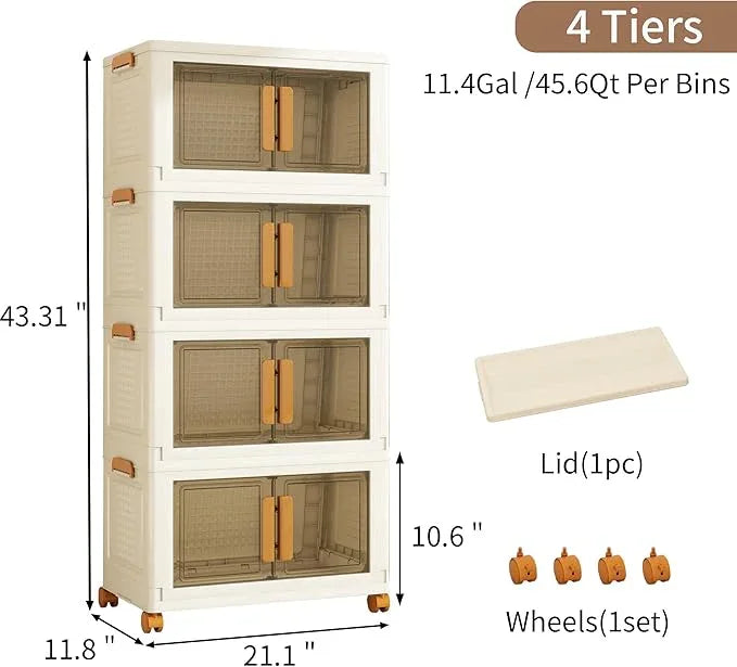 Plastic Stackable Storage Bins with Lids and Wheels, 180QT-45QT*4Tier Foldable Closet Organizers and Containers, Collapsible Clear Drawer Storage Cabinet with Doors Ivory White - ModernBath