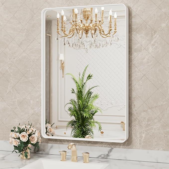 LOAAO 24x36 Inch White Metal Framed Bathroom Mirror for Wall, White Bathroom Vanity Mirror Farmhouse, Large Rounded Rectangle Mirror, Anti-Rust, Hangs Horizontally or Vertically - ModernBath