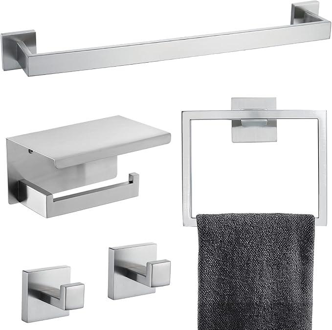 Brushed Nickel Bathroom Towel Bar Set Bathroom Accessories Hardware Set Including Towel Bar Towel Ring Coat Hook and Toilet Paper Holder with Shelf. Wall Mounted Stainless Steel - ModernBath