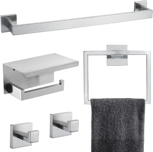 Brushed Nickel Bathroom Towel Bar Set Bathroom Accessories Hardware Set Including Towel Bar Towel Ring Coat Hook and Toilet Paper Holder with Shelf. Wall Mounted Stainless Steel - ModernBath