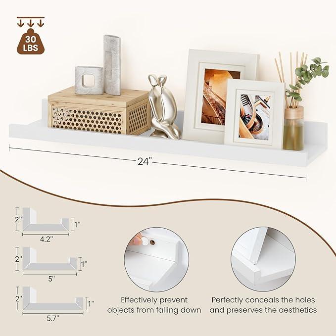 Heimlove Floating Shelves Set of 6, 24" Wall Mounted Picture Ledge, Display Shelf Organizer for Decor Storage, Wall Mounted Shelves for Living Room, Bedroom, Bathroom, Kitchen (White) - ModernBath