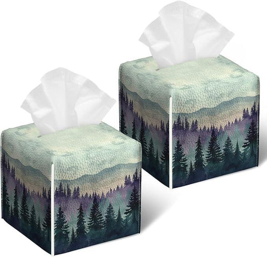 Misty Forest Tissue Box Cover 2PCS, Leather Tissue Box Holder Square Facial Paper Case Tissue Box Cube Organizer for Bathroom Bedroom Desk Office - ModernBath
