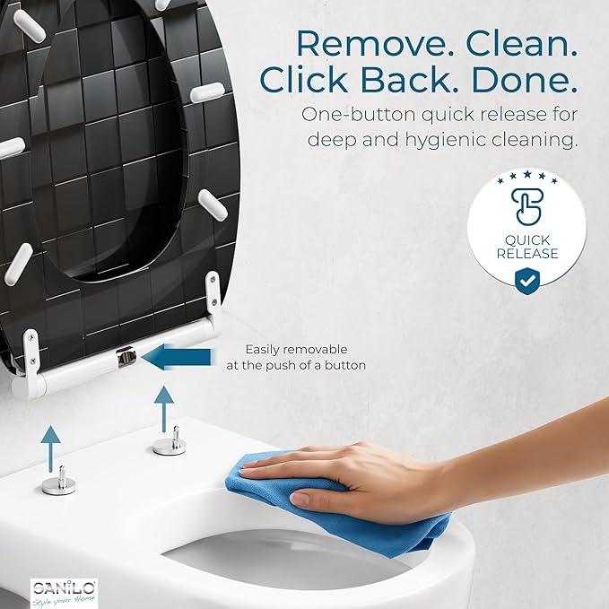 Sanilo Wooden Toilet Seat with Quick Release & Soft Close [ELONGATED] - Decorative & Slow Close Molded Wood Seat - With One Click for Easy Installation & Cleaning - With Adjustable Fit (Cube) - ModernBath