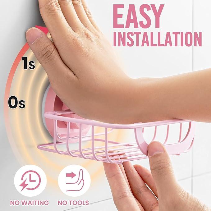 LEVERLOC Soap Holder Dish with Hooks for Shower, Bar Suction Cup Soap Tray Wall Mounted, Rustproof Stainless Steel Sponge Holder Caddy for Bathroom Bathtub Kitchen Sink, Pink - ModernBath