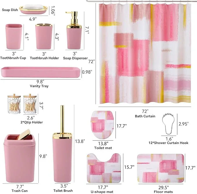 XLHOMO Bathroom Set - Pink and Gold Bathroom Accessories Set, Bathroom Sets with Shower Curtain and Rugs, Pink Shower Curtain Set with Bathroom Trash Can, Soap Dispenser, Soap Dish for Home Decor - ModernBath