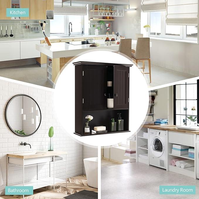 COSTWAY Wall Mounted Bathroom Cabinet, Over The Toilet Storage Cabinet w/Double Doors & Adjustable Shelf, Wood Hanging Medicine Cabinet for Living Room, Entryway, Kitchen (Brown) - ModernBath